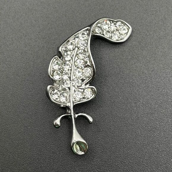 Silver with White Diamond Crystal Single Feather Pin Back Brooch - Picture 2 of 9